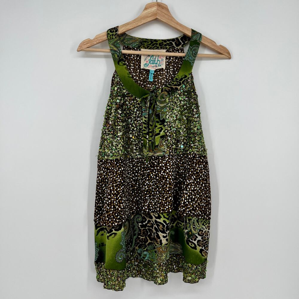 Vtg Faith Sequin Halter Cami Tank Top Women Large Mixed Animal Print Green Brown - Picture 1 of 11